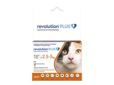 *1pk Revolution Plus for Cats 2.5 to 5.0kg treats fleas, worms & mites*