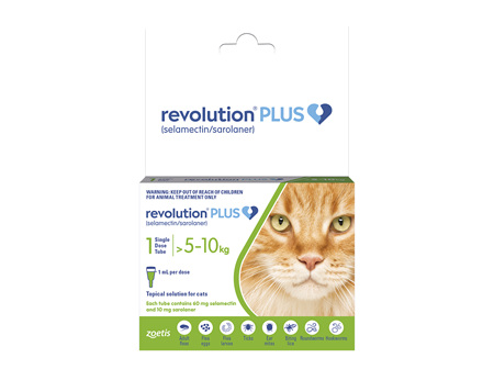 *1pk Revolution Plus for Cats 5.0 to 10kg treats fleas, worms & mites*