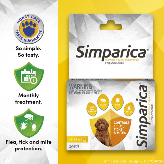 1pk Simparica Chew for Dogs 1.3 to 2.5kg treats fleas, ticks & mites