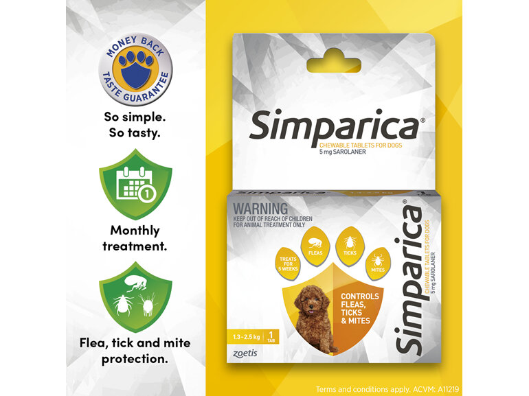 1pk Simparica Chew for Dogs 1.3 to 2.5kg treats fleas, ticks & mites