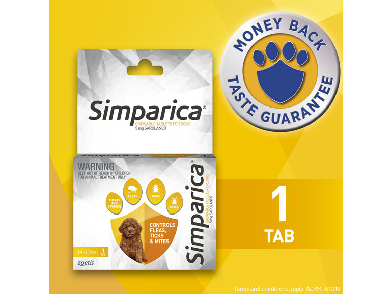 1pk Simparica Chew for Dogs 1.3 to 2.5kg treats fleas, ticks & mites