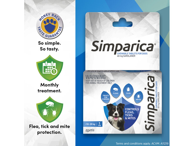 1pk Simparica Chew for Dogs 10 to 20kg treats fleas, ticks & mites