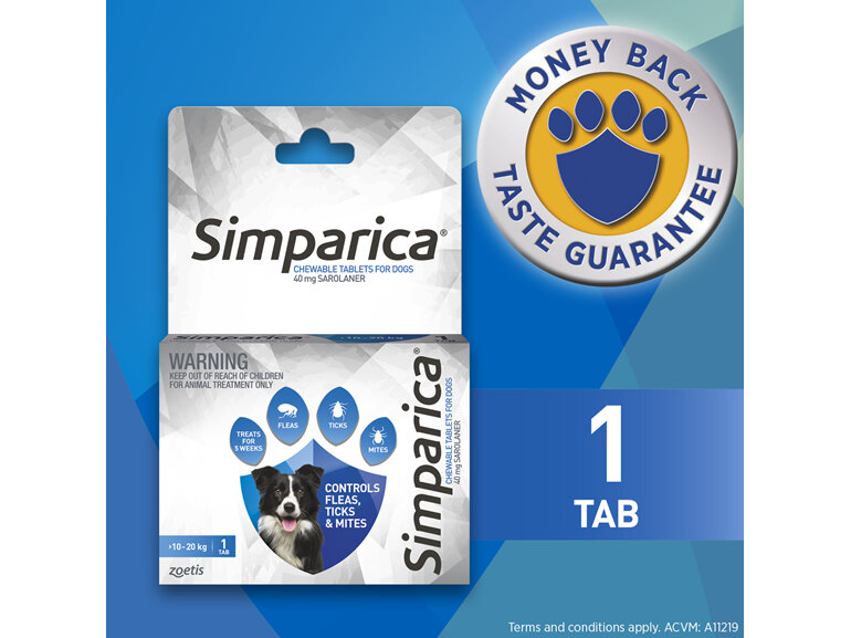 1pk Simparica Chew for Dogs 10 to 20kg treats fleas, ticks & mites