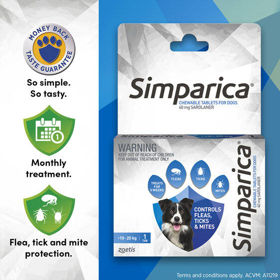 1pk Simparica Chew for Dogs 10 to 20kg treats fleas, ticks & mites