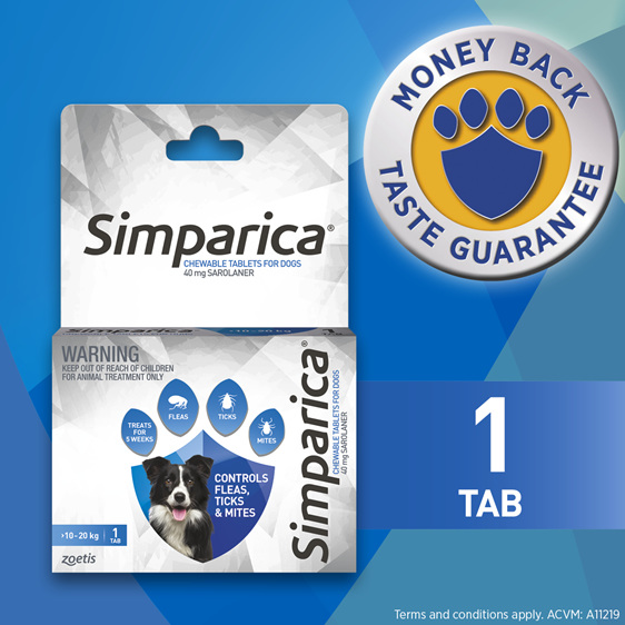 *1pk Simparica Chew for Dogs 10 to 20kg treats fleas, ticks & mites*