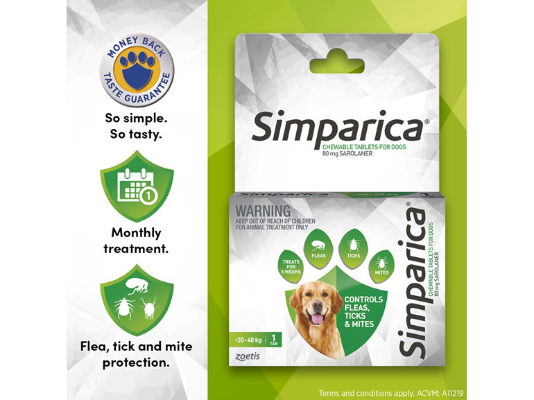 1pk Simparica Chew for Dogs 20 to 40kg treats fleas, ticks & mites