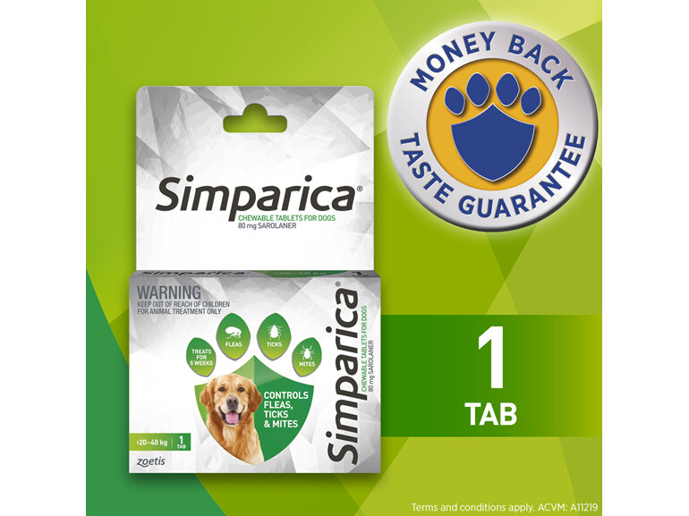 1pk Simparica Chew for Dogs 20 to 40kg treats fleas, ticks & mites