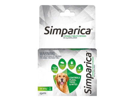 1pk Simparica Chew for Dogs 20 to 40kg treats fleas, ticks & mites