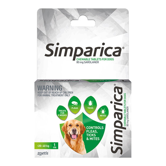 1pk Simparica Chew for Dogs 20 to 40kg treats fleas, ticks & mites