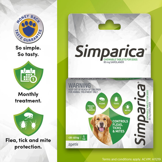 1pk Simparica Chew for Dogs 20 to 40kg treats fleas, ticks & mites