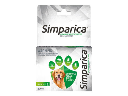 1pk Simparica Chew for Dogs 20 to 40kg treats fleas, ticks & mites