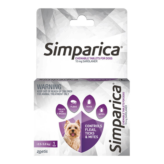 1pk Simparica Chew for Dogs 2.5 to 5.0kg treats fleas. ticks & mites