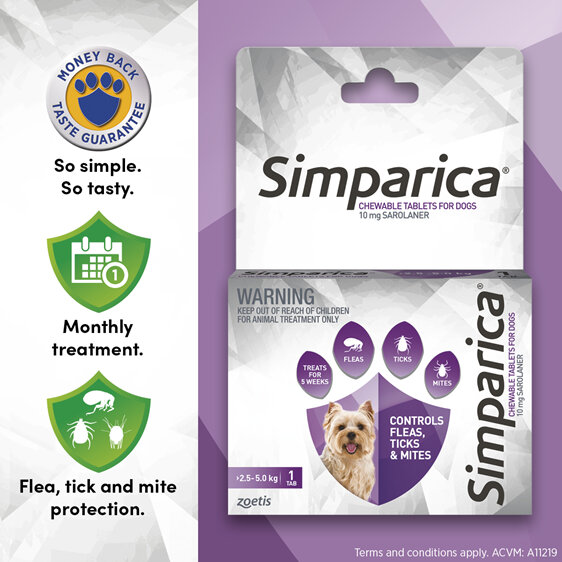 1pk Simparica Chew for Dogs 2.5 to 5.0kg treats fleas. ticks & mites