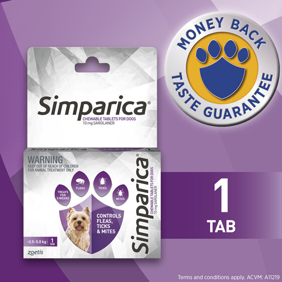 1pk Simparica Chew for Dogs 2.5 to 5.0kg treats fleas. ticks & mites