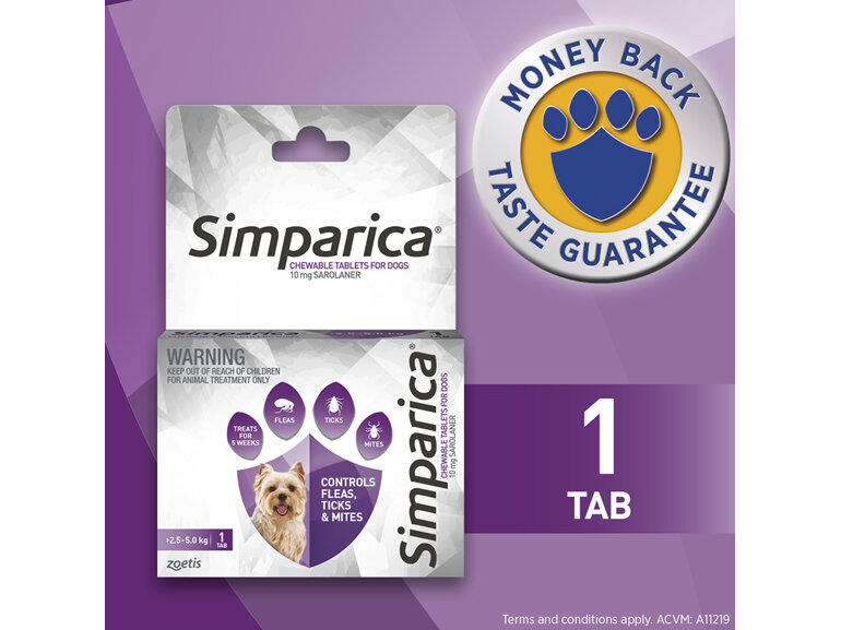 1pk Simparica Chew for Dogs 2.5 to 5.0kg treats fleas. ticks & mites