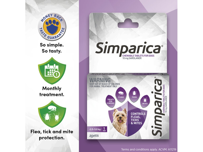 1pk Simparica Chew for Dogs 2.5 to 5.0kg treats fleas. ticks & mites