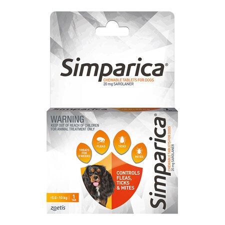 1pk Simparica Chew for Dogs 5.0 to 10kg treats fleas, ticks & mites