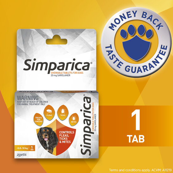 1pk Simparica Chew for Dogs 5.0 to 10kg treats fleas, ticks & mites