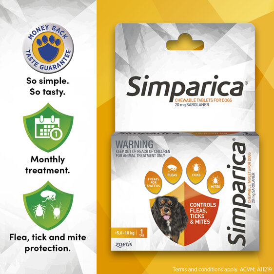 1pk Simparica Chew for Dogs 5.0 to 10kg treats fleas, ticks & mites