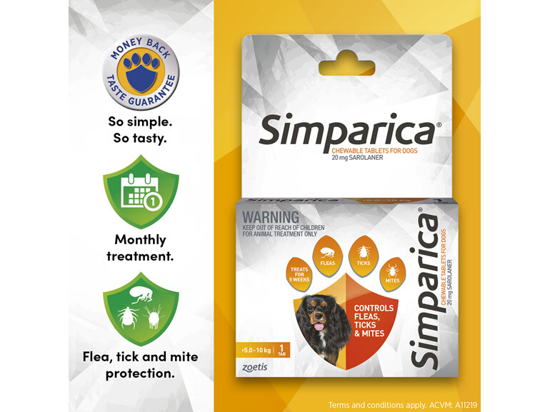 1pk Simparica Chew for Dogs 5.0 to 10kg treats fleas, ticks & mites