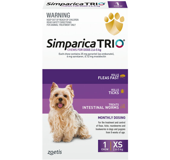 1pk Simparica Trio Extra Small 2.6kg - 5.0kg