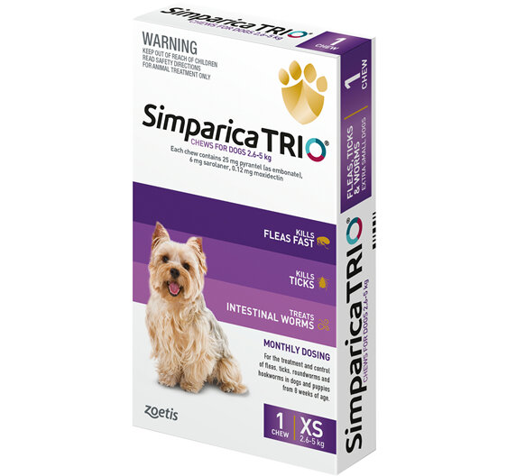 1pk Simparica Trio Extra Small 2.6kg - 5.0kg