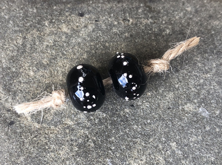 2x Handmade glass beads - pure silver trails - black