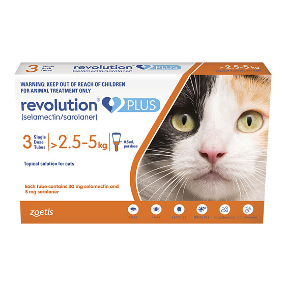 *3pk Revolution Plus for Cats 2.5 to 5.0kg treats fleas, worms & mites*