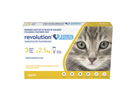 *3pk Revolution Plus for Cats Less than 2.5kg treats fleas, worms & mites*