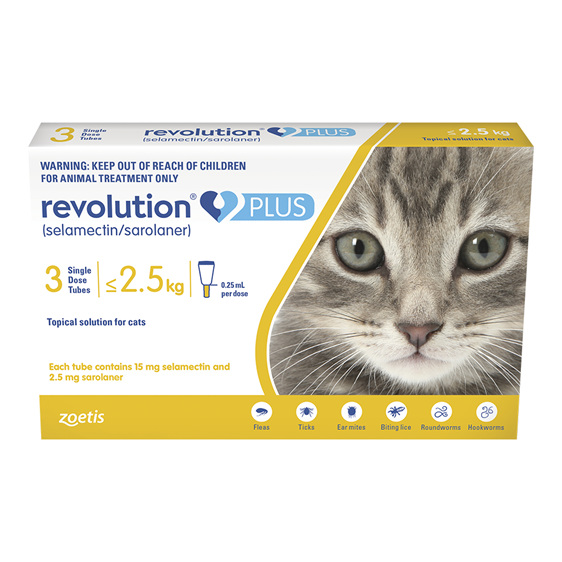 *3pk Revolution Plus for Cats Less than 2.5kg treats fleas, worms & mites*
