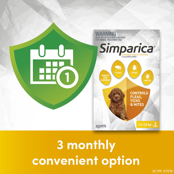 3pk Simparica chew for Dogs 1.3 to 2.5kg treats fleas, ticks & mites