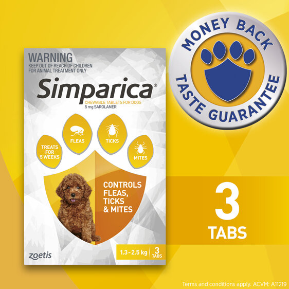 3pk Simparica chew for Dogs 1.3 to 2.5kg treats fleas, ticks & mites