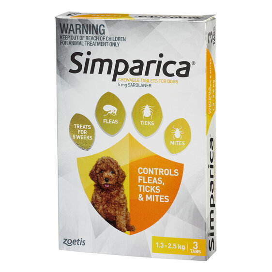 3pk Simparica chew for Dogs 1.3 to 2.5kg treats fleas, ticks & mites