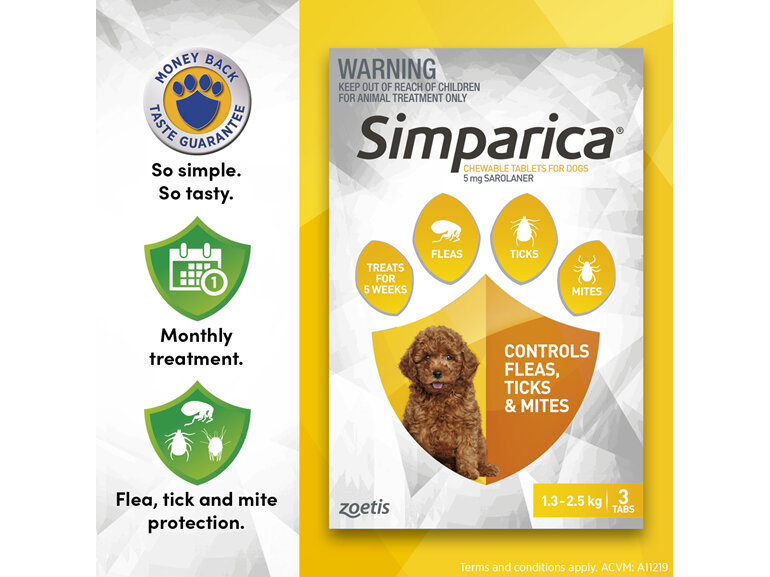 3pk Simparica chew for Dogs 1.3 to 2.5kg treats fleas, ticks & mites