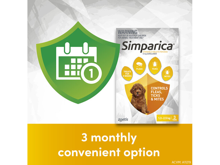 3pk Simparica chew for Dogs 1.3 to 2.5kg treats fleas, ticks & mites