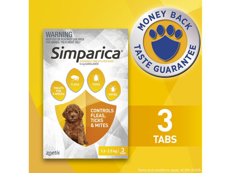 3pk Simparica chew for Dogs 1.3 to 2.5kg treats fleas, ticks & mites