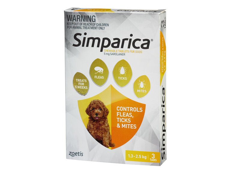 3pk Simparica chew for Dogs 1.3 to 2.5kg treats fleas, ticks & mites