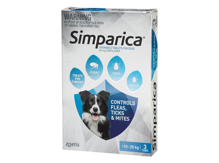 3pk Simparica chew for Dogs 10 to 20kg fleas, ticks & mites