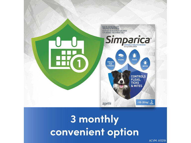 3pk Simparica chew for Dogs 10 to 20kg fleas, ticks & mites