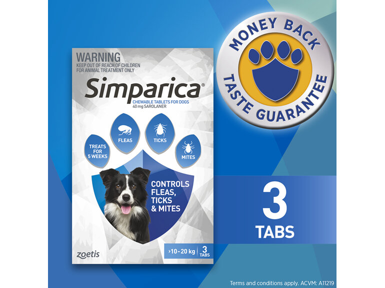 3pk Simparica chew for Dogs 10 to 20kg fleas, ticks & mites