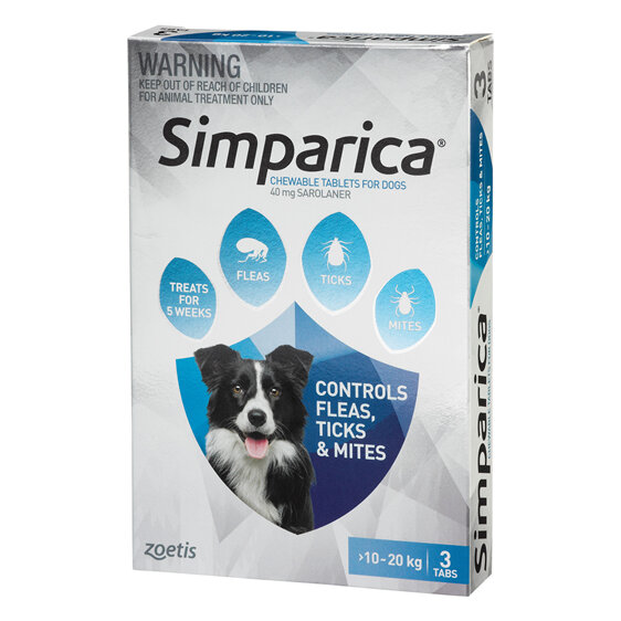 3pk Simparica chew for Dogs 10 to 20kg fleas, ticks & mites