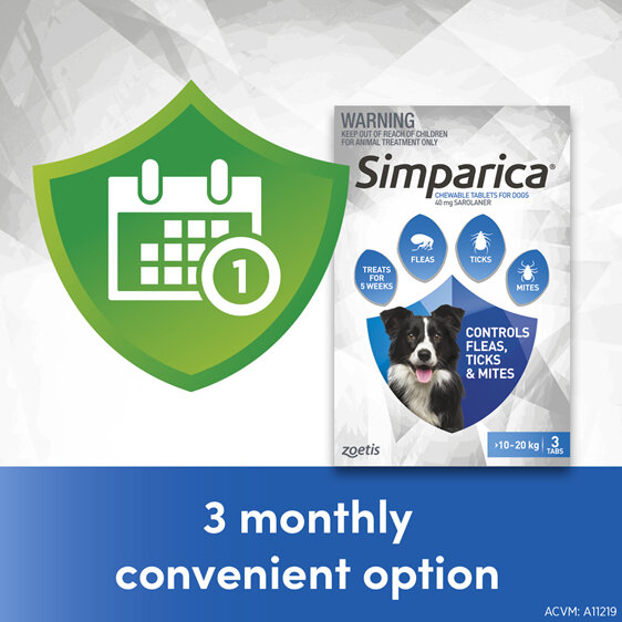 3pk Simparica chew for Dogs 10 to 20kg fleas, ticks & mites