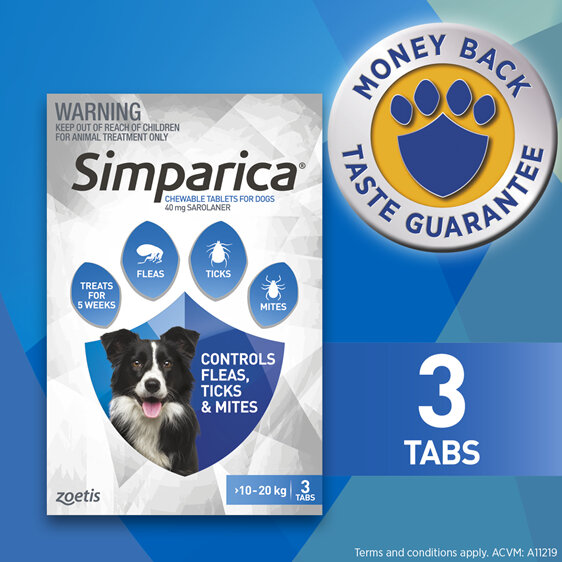 3pk Simparica chew for Dogs 10 to 20kg fleas, ticks & mites