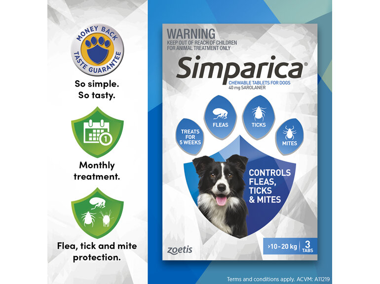 3pk Simparica chew for Dogs 10 to 20kg fleas, ticks & mites