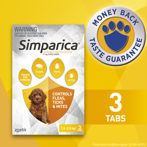 *3pk Simparica chew for Dogs 1.3 to 2.5kg treats fleas, ticks & mites*