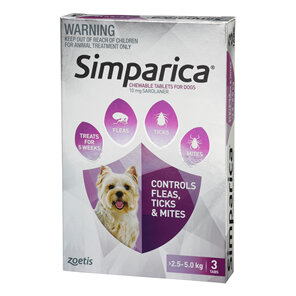 3pk Simparica chew for Dogs 2.5 to 5.0kg treats fleas, ticks & mites