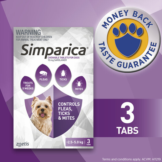 3pk Simparica chew for Dogs 2.5 to 5.0kg treats fleas, ticks & mites