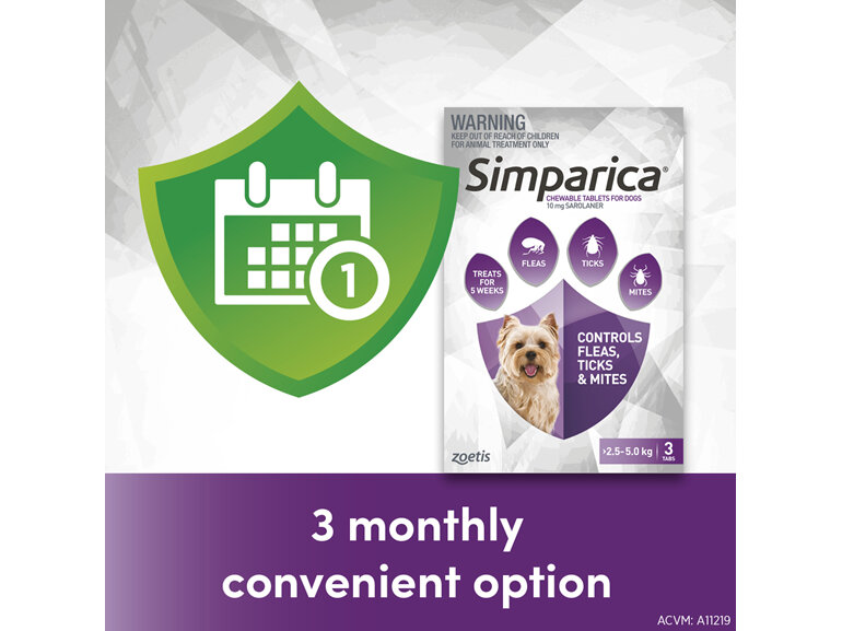 3pk Simparica chew for Dogs 2.5 to 5.0kg treats fleas, ticks & mites