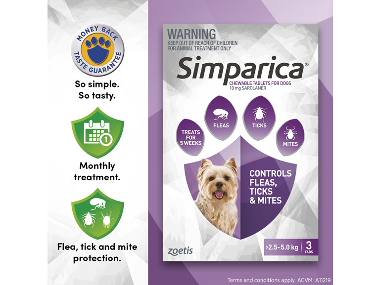 3pk Simparica chew for Dogs 2.5 to 5.0kg treats fleas, ticks & mites