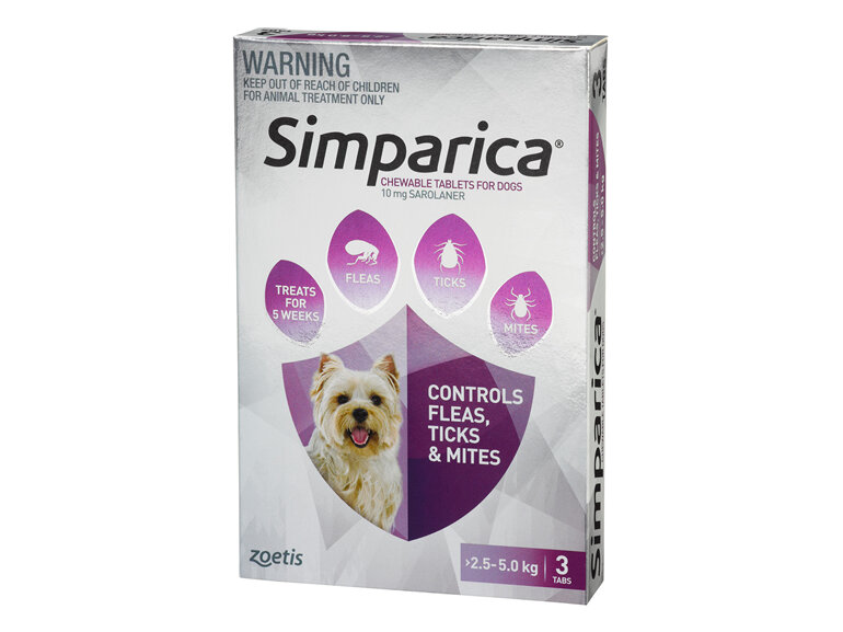 3pk Simparica chew for Dogs 2.5 to 5.0kg treats fleas, ticks & mites